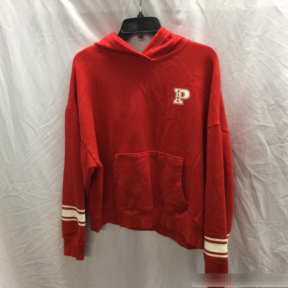 Pink Victoria's Secret Hoodie Womens Large Red Pullover Varsity Logo Sweatshirt